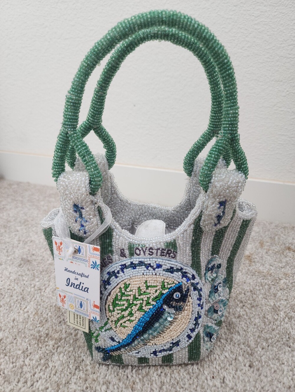 Handcrafted In India Beaded Sardine &  Oyster Bucket Bag Green and White Stripe